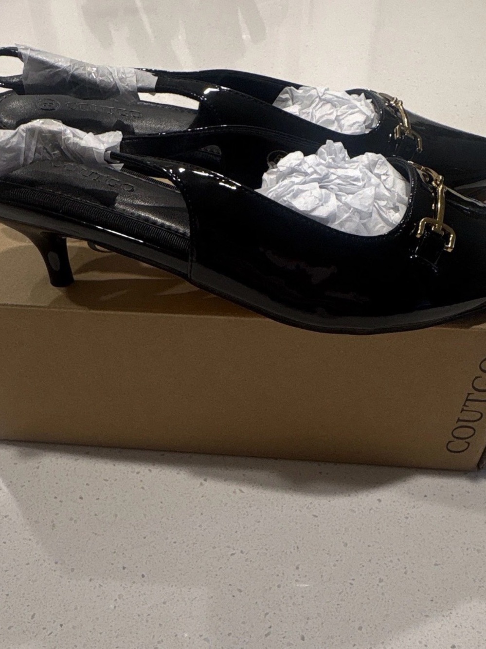 Black Patent Slingback Mules with Gold Bit Accent